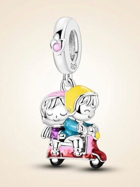 S925 Silver Cute Couple Scooter Charm Pandora Fit Pink CZ Hearts Enamel Gift CHA